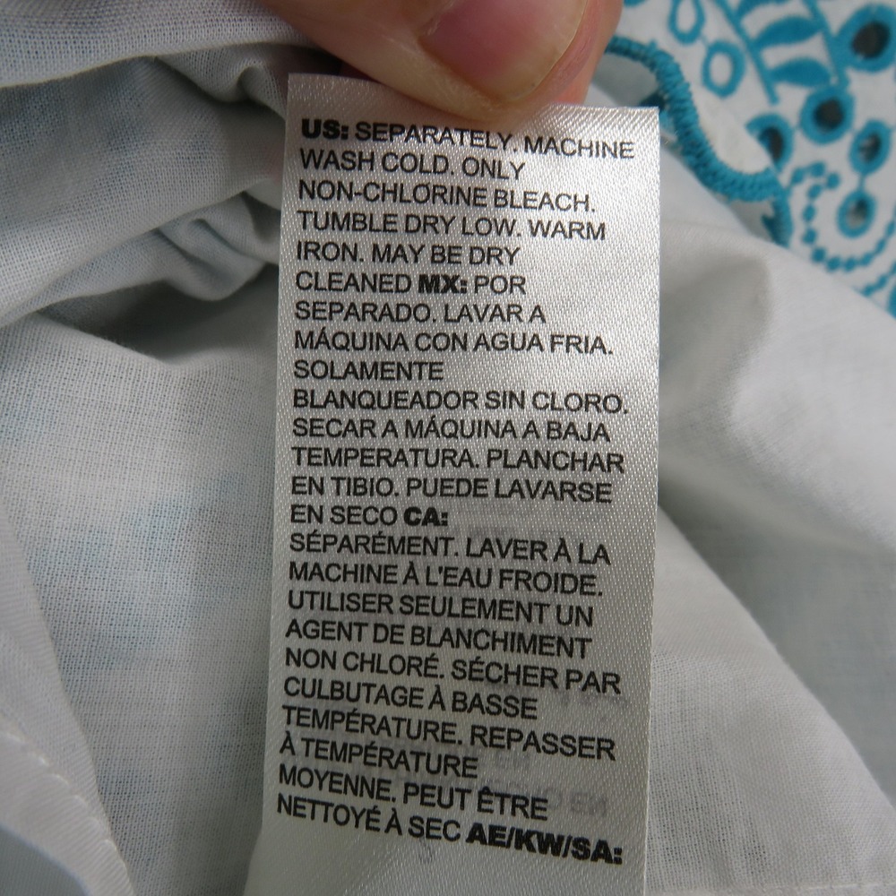 Chicos Shirt Womens Large Teal Embroidered Eyelet Boho Peasant Short Sleeve‎ - Picture 6 of 8